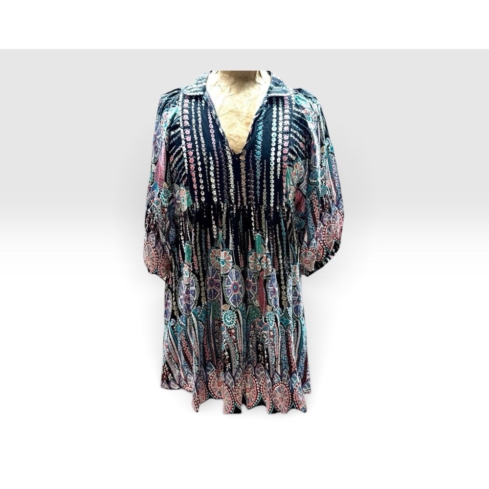 Umgee Women's Small Black Floral Babydoll Tunic Dress Boho Pink Teal